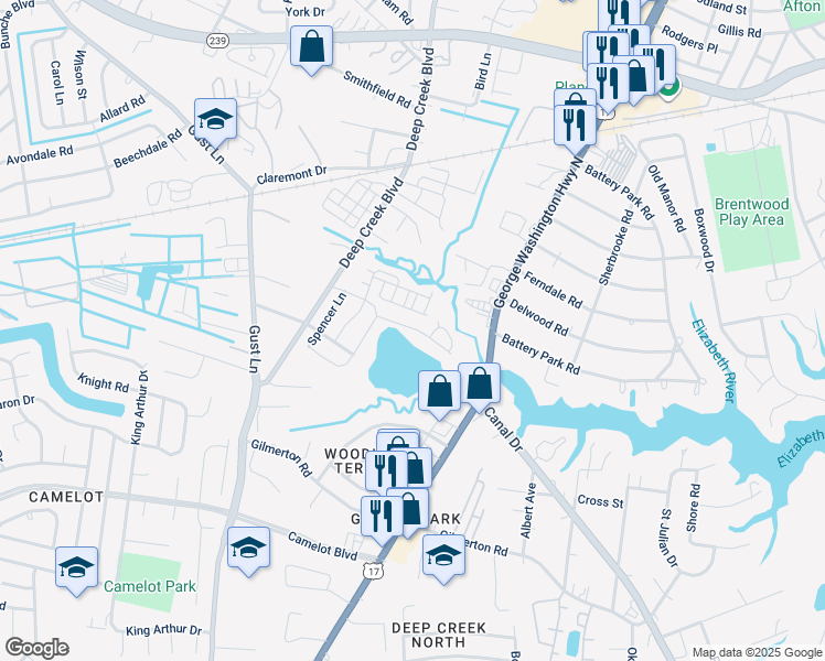 map of restaurants, bars, coffee shops, grocery stores, and more near 1401 Deep Creek Boulevard in Chesapeake