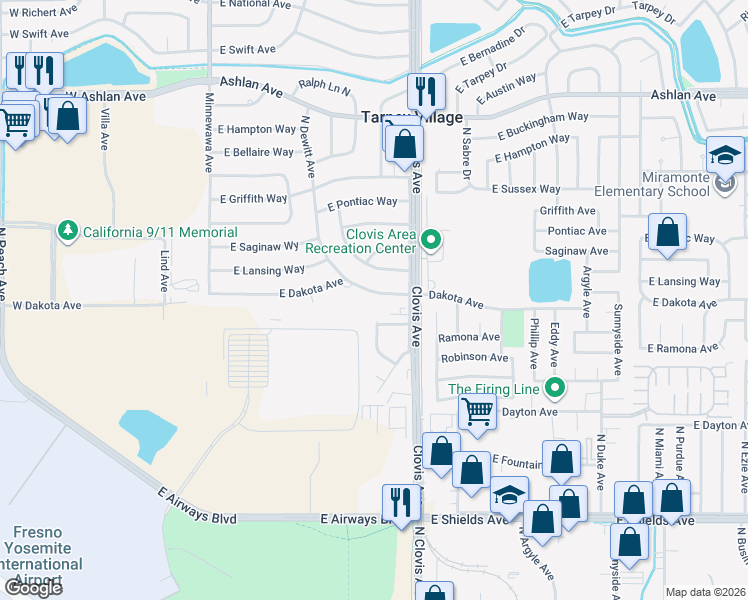 map of restaurants, bars, coffee shops, grocery stores, and more near 5575 East Dakota Avenue in Fresno