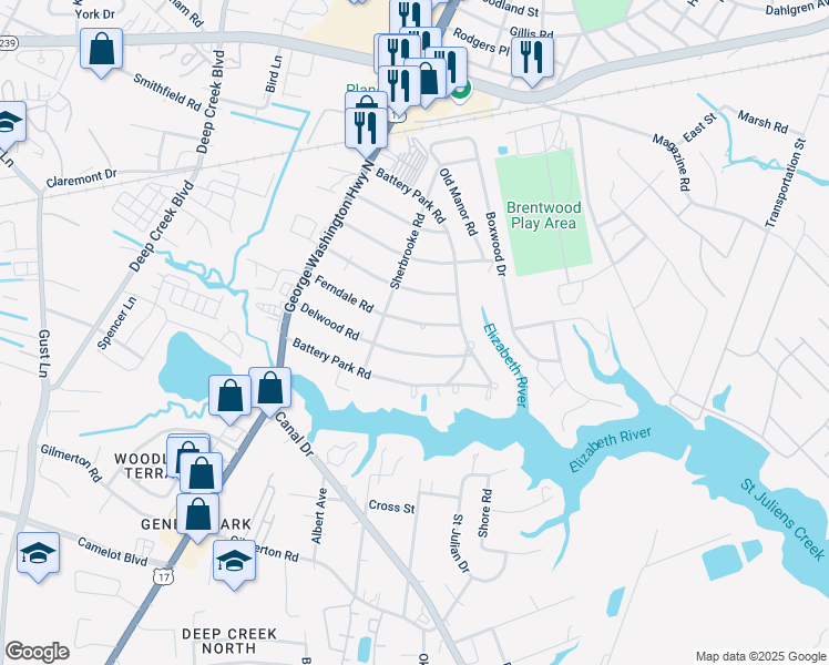 map of restaurants, bars, coffee shops, grocery stores, and more near 2220 Ferndale Road in Chesapeake