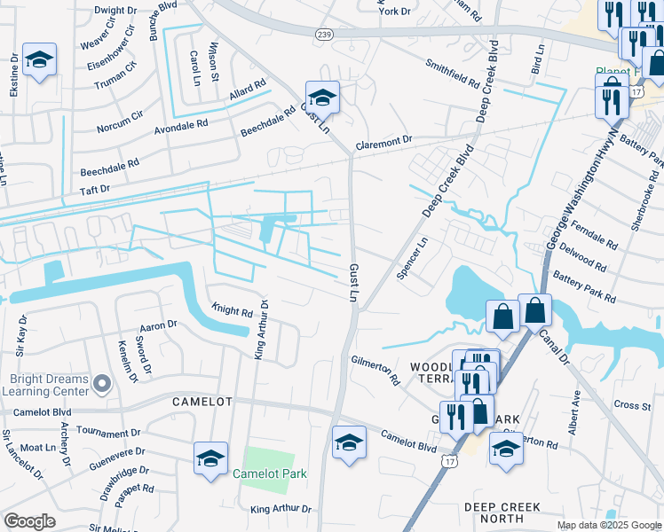 map of restaurants, bars, coffee shops, grocery stores, and more near Solomon Street in Chesapeake