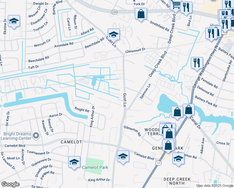 map of restaurants, bars, coffee shops, grocery stores, and more near Solomon Street in Chesapeake