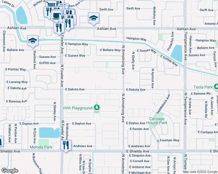 map of restaurants, bars, coffee shops, grocery stores, and more near 6382 East Dakota Avenue in Fresno