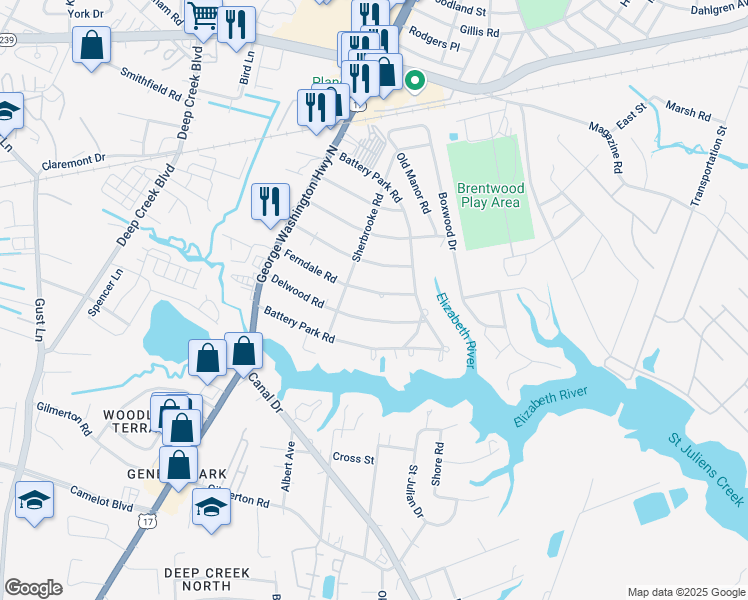 map of restaurants, bars, coffee shops, grocery stores, and more near 2220 Ferndale Road in Chesapeake