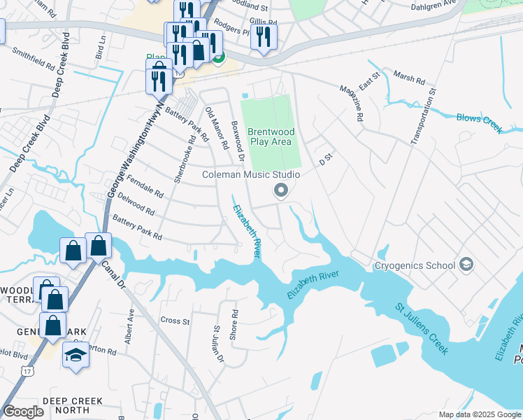 map of restaurants, bars, coffee shops, grocery stores, and more near 2049 Cherry Lane in Chesapeake