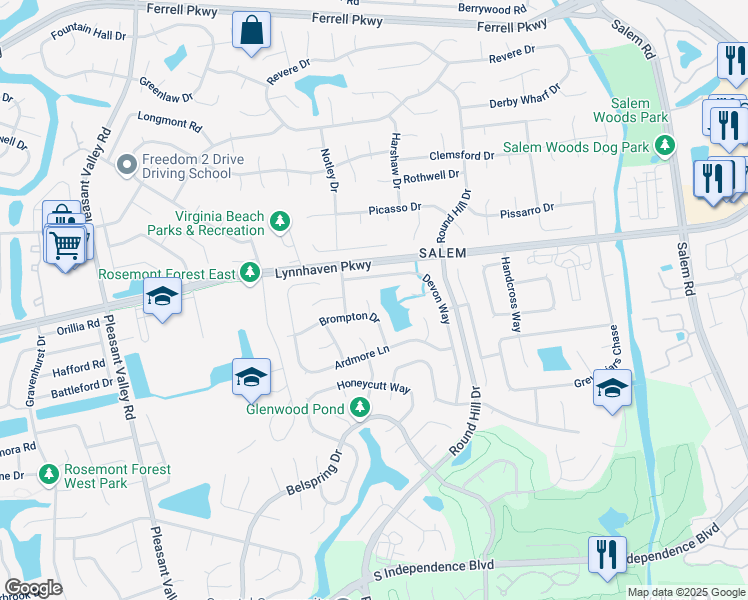 map of restaurants, bars, coffee shops, grocery stores, and more near 1608 Brompton Court in Virginia Beach