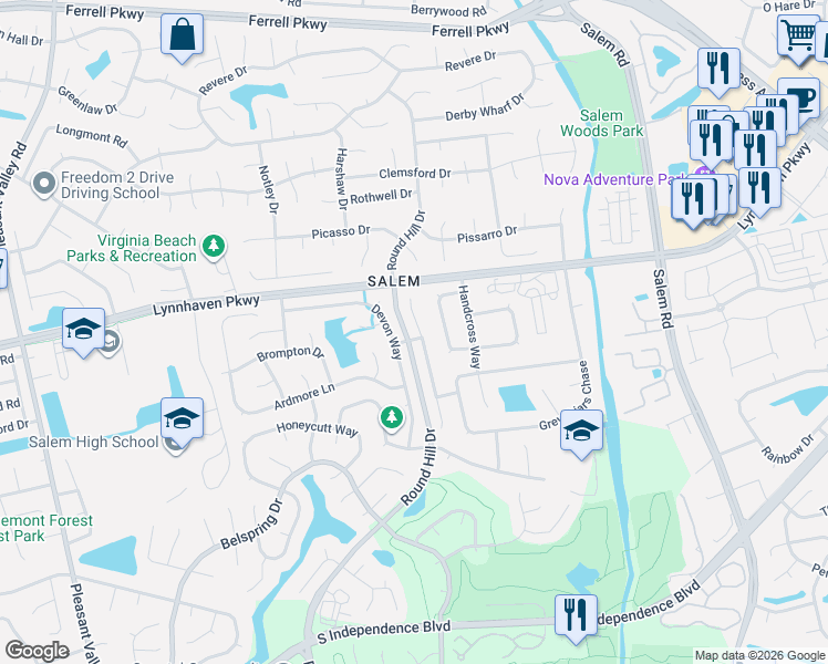 map of restaurants, bars, coffee shops, grocery stores, and more near 1620 Castlefield Road in Virginia Beach