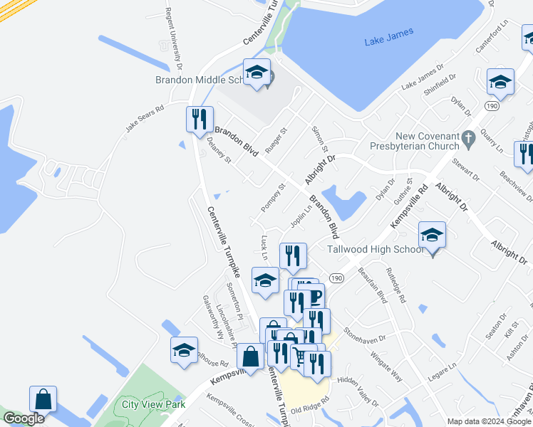 map of restaurants, bars, coffee shops, grocery stores, and more near 1744 Pompey Street in Virginia Beach