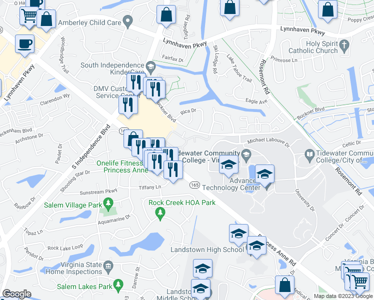 map of restaurants, bars, coffee shops, grocery stores, and more near 3821 Lasalle Drive in Virginia Beach
