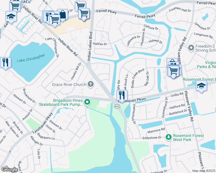 map of restaurants, bars, coffee shops, grocery stores, and more near 5122 Settlers Park Drive in Virginia Beach