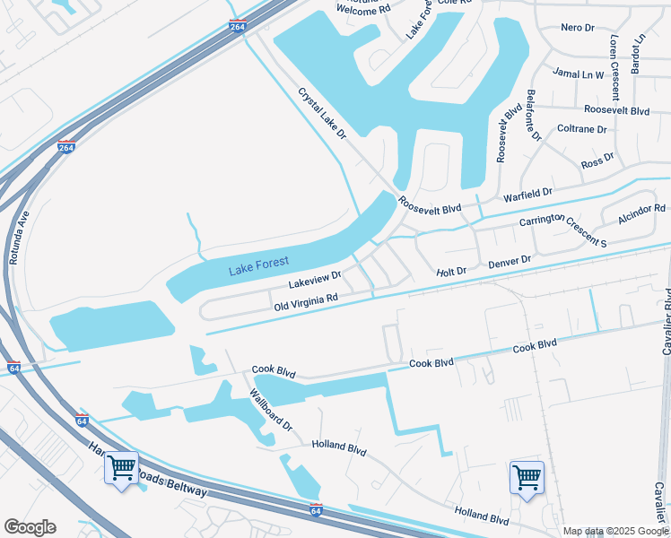 map of restaurants, bars, coffee shops, grocery stores, and more near 4000 Lakeview Drive in Chesapeake