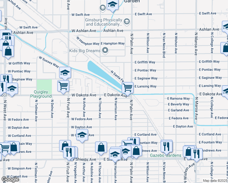 map of restaurants, bars, coffee shops, grocery stores, and more near 125 East Dakota Avenue in Fresno