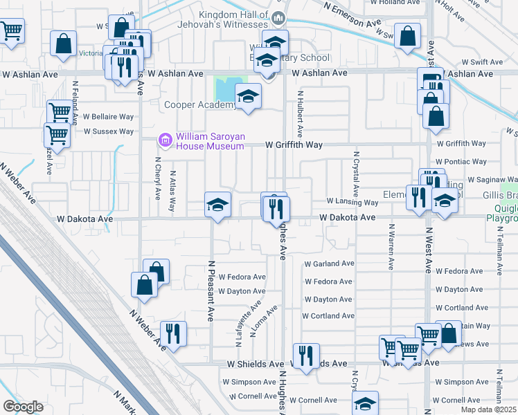 map of restaurants, bars, coffee shops, grocery stores, and more near 2209 West Flint Way in Fresno