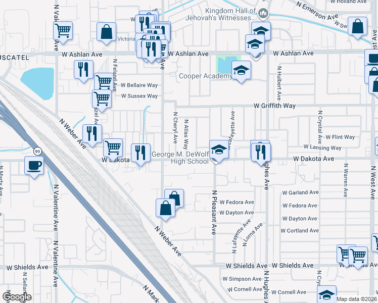 map of restaurants, bars, coffee shops, grocery stores, and more near 3857 North Atlas Way in Fresno