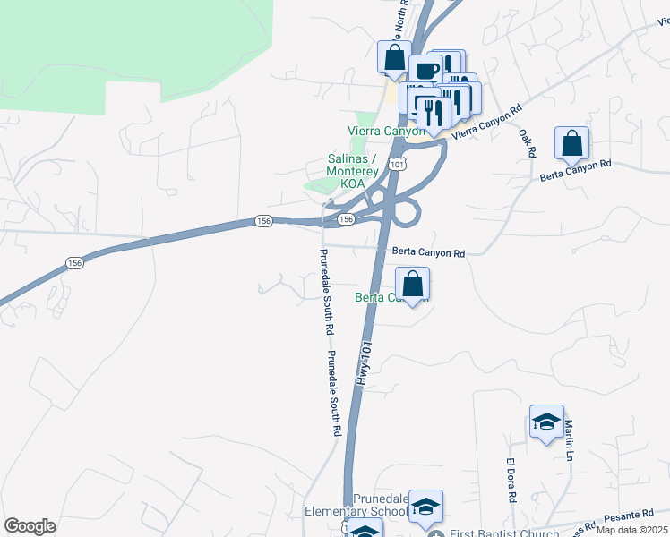 map of restaurants, bars, coffee shops, grocery stores, and more near 8965 Prunedale South Road in Salinas