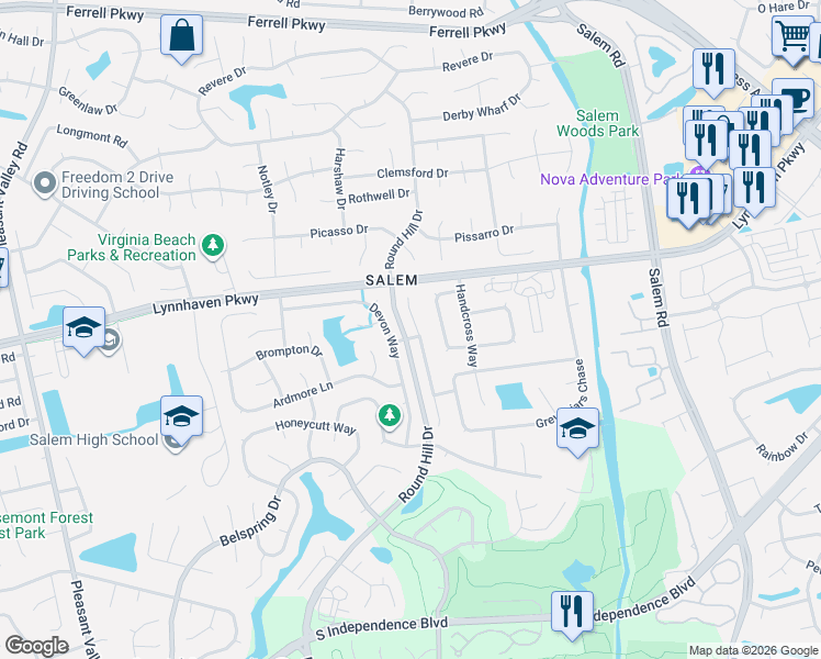 map of restaurants, bars, coffee shops, grocery stores, and more near 1620 Castlefield Road in Virginia Beach