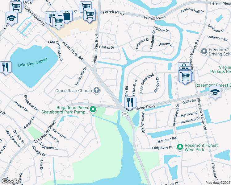 map of restaurants, bars, coffee shops, grocery stores, and more near 5122 Settlers Park Drive in Virginia Beach
