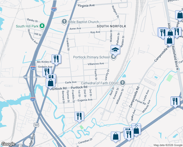 map of restaurants, bars, coffee shops, grocery stores, and more near 437 Clemson Avenue in Chesapeake