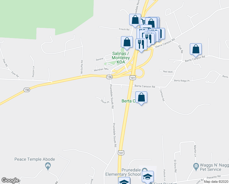 map of restaurants, bars, coffee shops, grocery stores, and more near 8965 Prunedale South Road in Salinas