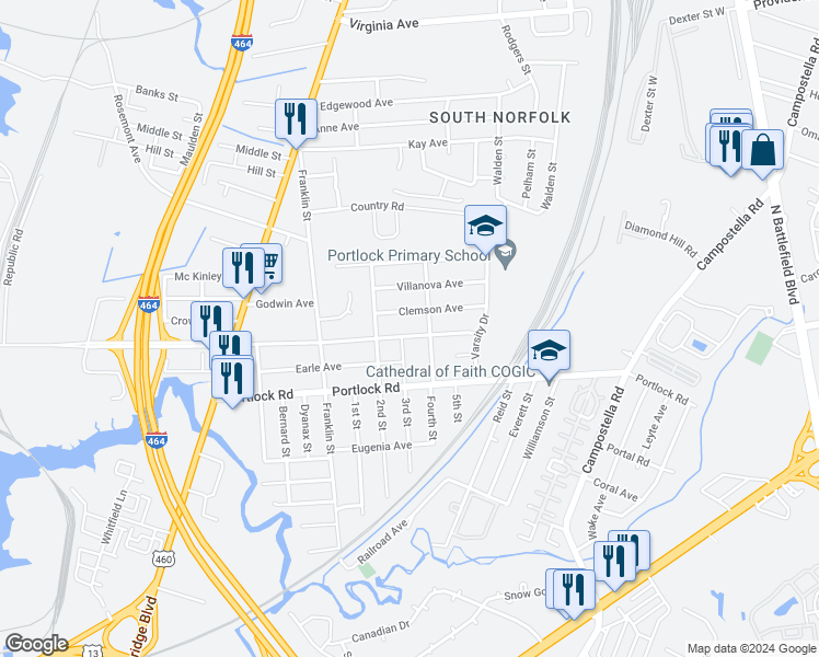 map of restaurants, bars, coffee shops, grocery stores, and more near 437 Clemson Avenue in Chesapeake