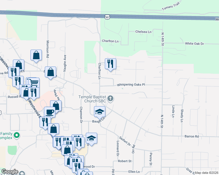 map of restaurants, bars, coffee shops, grocery stores, and more near 1828 Whispering Oaks Place in Poplar Bluff