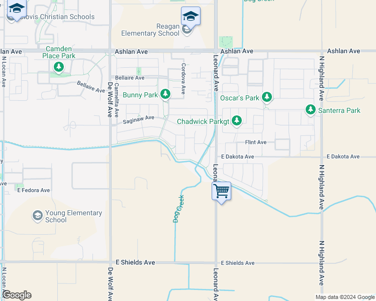 map of restaurants, bars, coffee shops, grocery stores, and more near 3589 Cordova Avenue in Clovis