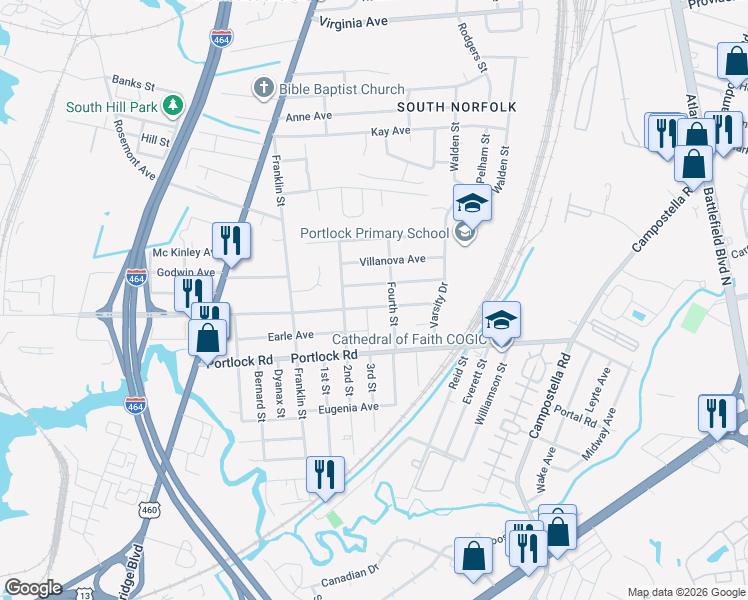 map of restaurants, bars, coffee shops, grocery stores, and more near 437 Clemson Avenue in Chesapeake