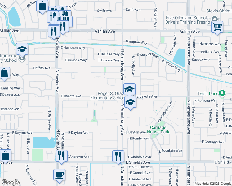 map of restaurants, bars, coffee shops, grocery stores, and more near 6416 East Dakota Avenue in Fresno