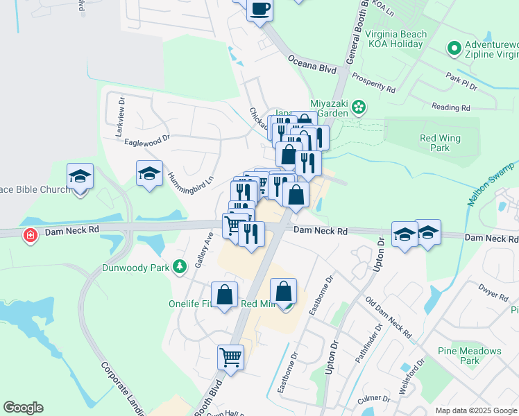 map of restaurants, bars, coffee shops, grocery stores, and more near 1577 General Booth Boulevard in Virginia Beach