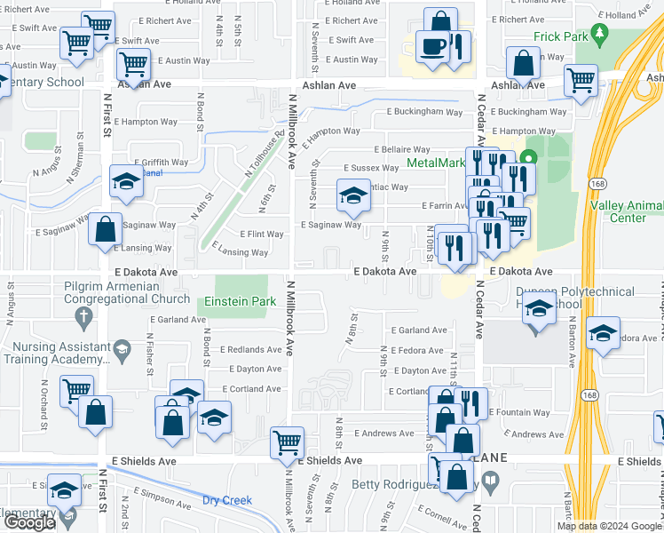 map of restaurants, bars, coffee shops, grocery stores, and more near 3783 East Dakota Avenue in Fresno