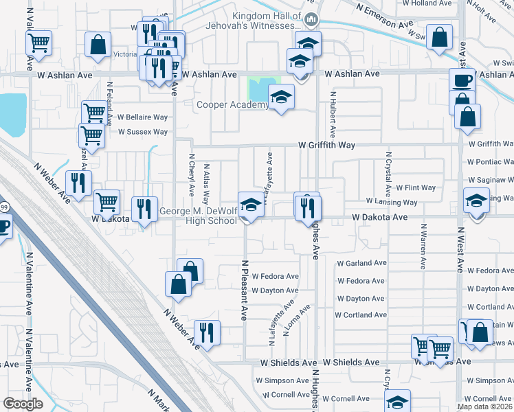 map of restaurants, bars, coffee shops, grocery stores, and more near 2436 West Lansing Way in Fresno