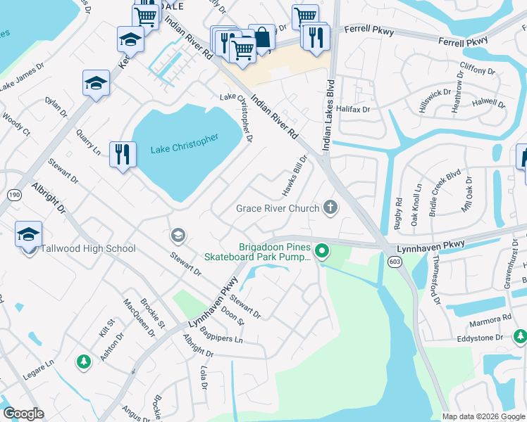 map of restaurants, bars, coffee shops, grocery stores, and more near 1700 Endicott Court in Virginia Beach