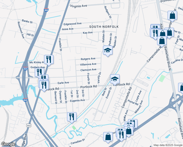 map of restaurants, bars, coffee shops, grocery stores, and more near 1603 Freeman Avenue in Chesapeake