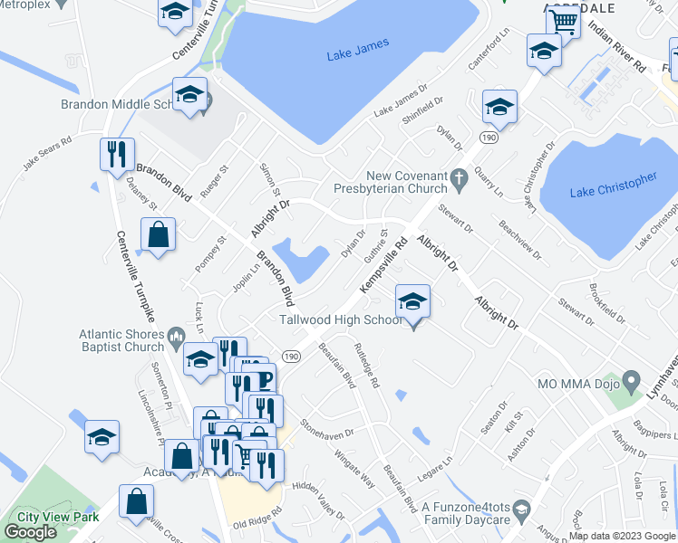 map of restaurants, bars, coffee shops, grocery stores, and more near 1676 Dylan Drive in Virginia Beach