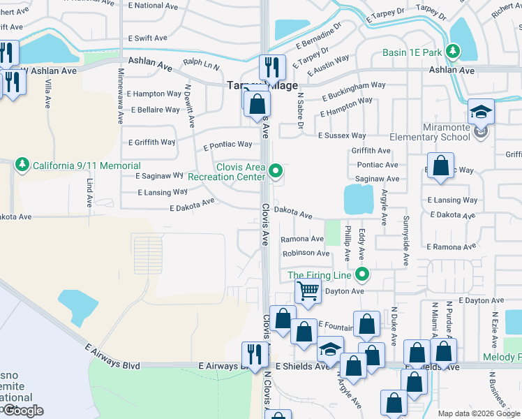 map of restaurants, bars, coffee shops, grocery stores, and more near East Dakota Avenue & Clovis Avenue in Fresno