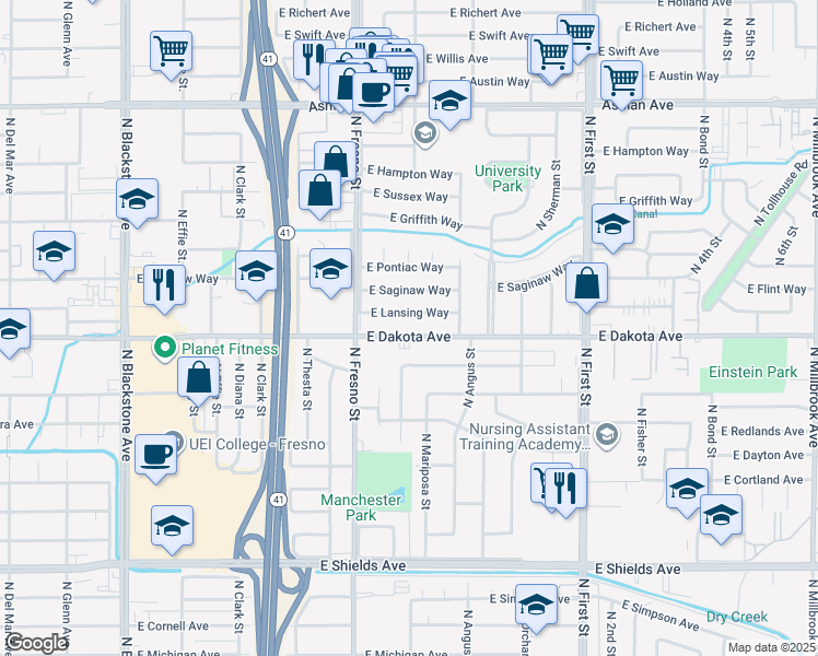 map of restaurants, bars, coffee shops, grocery stores, and more near 2642 East Lansing Way in Fresno