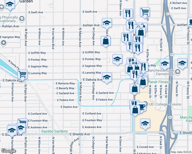 map of restaurants, bars, coffee shops, grocery stores, and more near 1048 East Lansing Way in Fresno