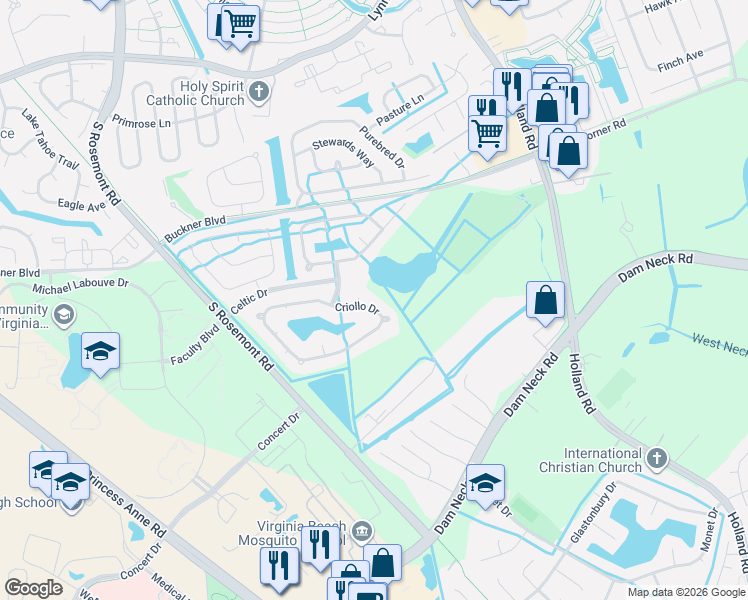 map of restaurants, bars, coffee shops, grocery stores, and more near 1608 Dartmoor Court in Virginia Beach