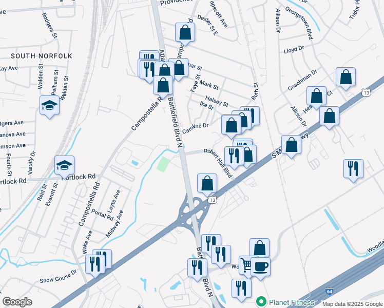 map of restaurants, bars, coffee shops, grocery stores, and more near 1945 Robert Hall Boulevard in Chesapeake
