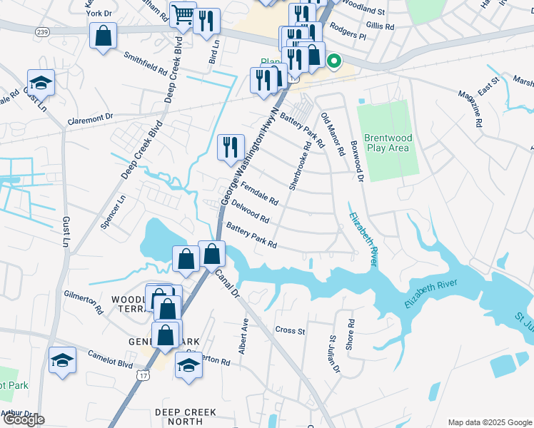 map of restaurants, bars, coffee shops, grocery stores, and more near 2308 Delwood Road in Chesapeake