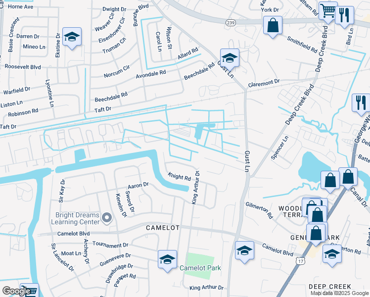 map of restaurants, bars, coffee shops, grocery stores, and more near 2852 Breeze Avenue in Chesapeake