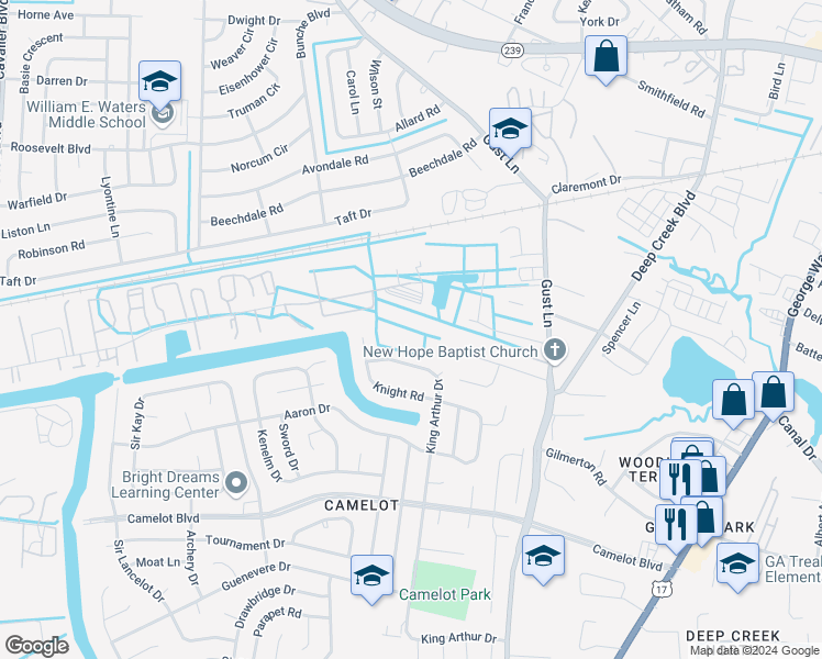 map of restaurants, bars, coffee shops, grocery stores, and more near 2852 Breeze Avenue in Chesapeake