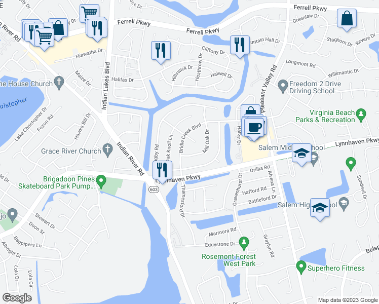 map of restaurants, bars, coffee shops, grocery stores, and more near 1653 Mill Oak Drive in Virginia Beach