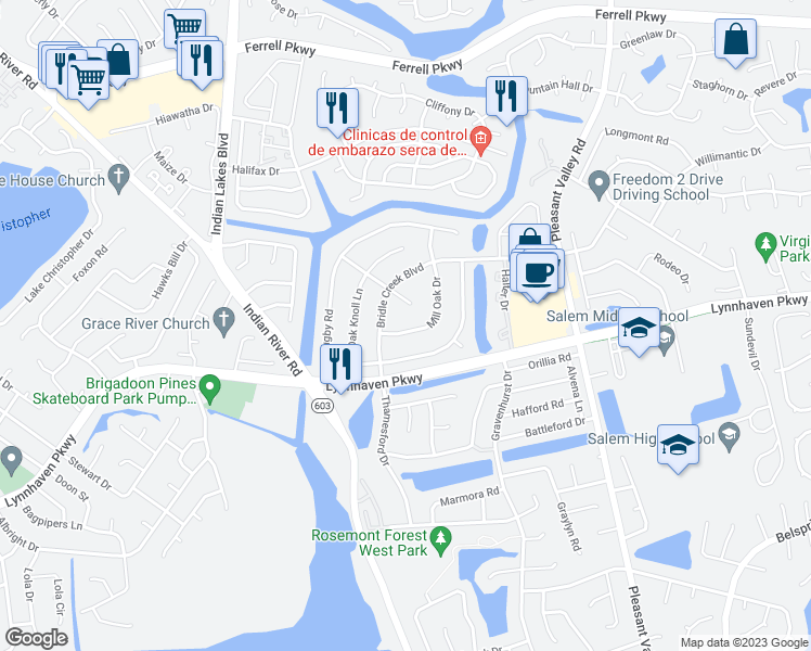 map of restaurants, bars, coffee shops, grocery stores, and more near 1649 Mill Oak Drive in Virginia Beach