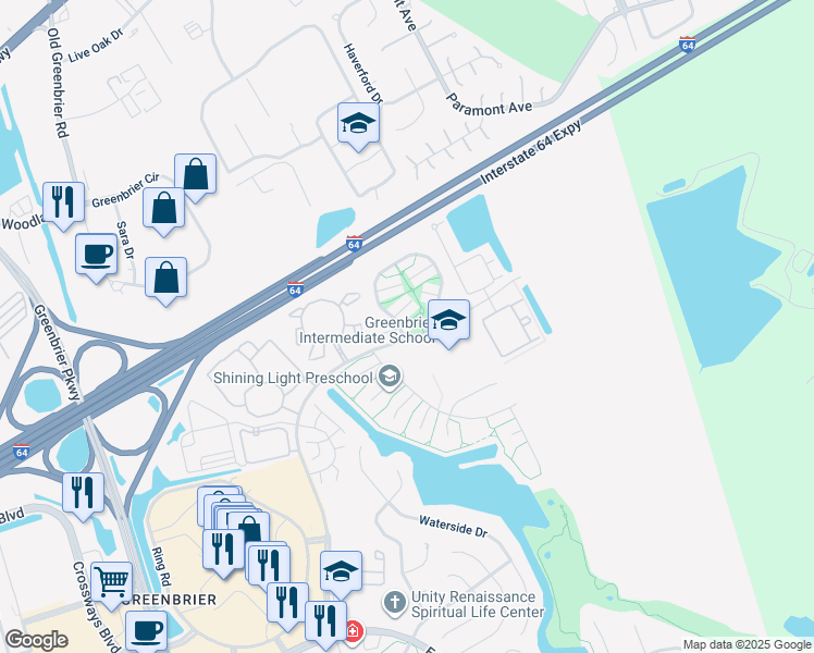 map of restaurants, bars, coffee shops, grocery stores, and more near 1805 Woodgate Arch in Chesapeake