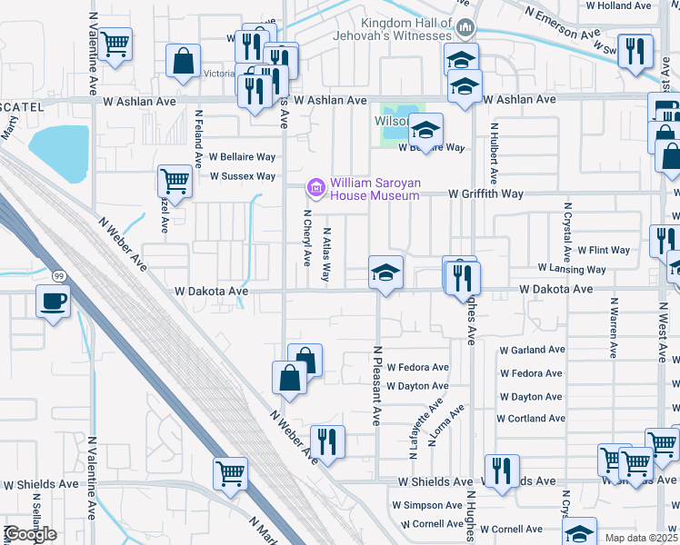 map of restaurants, bars, coffee shops, grocery stores, and more near 3835 North Ricewood Avenue in Fresno