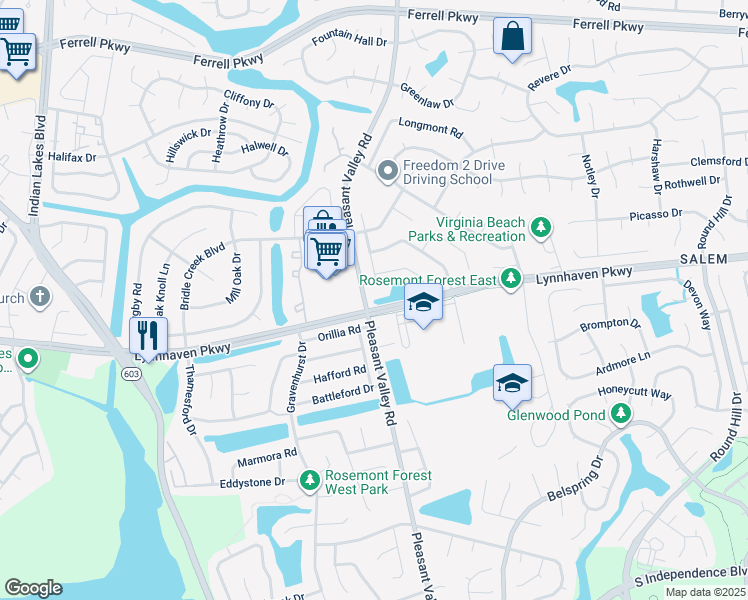 map of restaurants, bars, coffee shops, grocery stores, and more near 1647 High Plains Drive in Virginia Beach