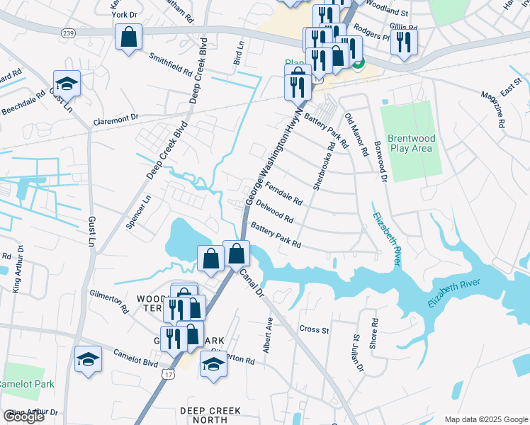 map of restaurants, bars, coffee shops, grocery stores, and more near 1249 George Washington Highway North in Chesapeake
