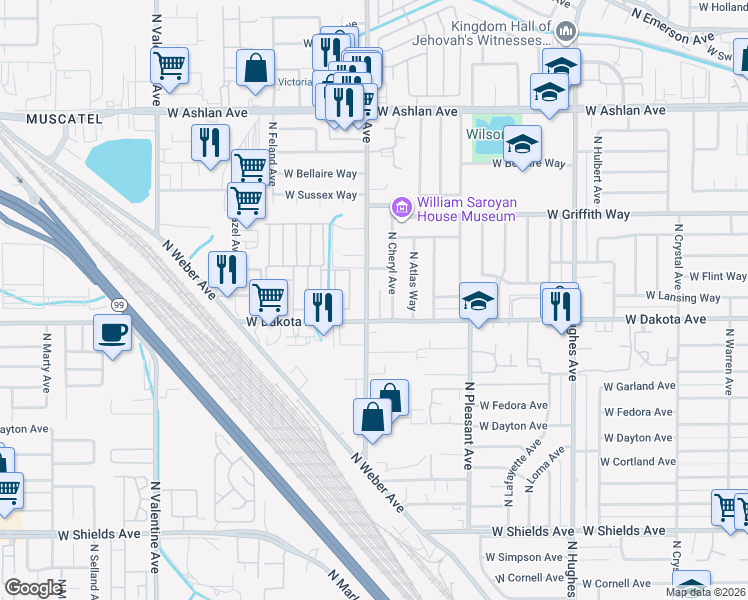 map of restaurants, bars, coffee shops, grocery stores, and more near 3456 North Marks Avenue in Fresno