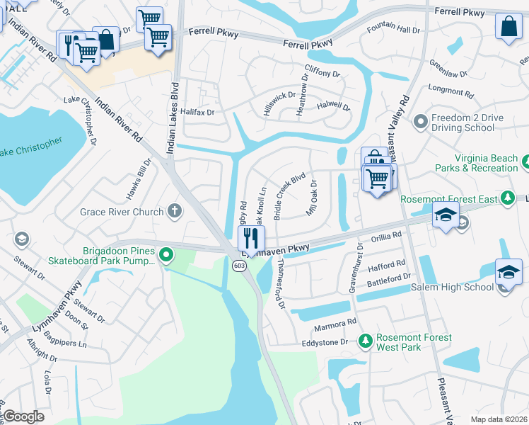 map of restaurants, bars, coffee shops, grocery stores, and more near 1529 Bridle Creek Boulevard in Virginia Beach