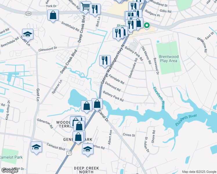 map of restaurants, bars, coffee shops, grocery stores, and more near 1249 George Washington Highway North in Chesapeake